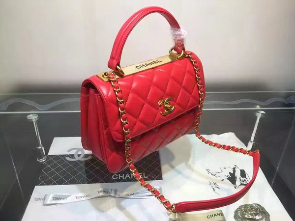 Chanel Flap Bag With Handle Lambskin Light Gold Metal Red for Sale