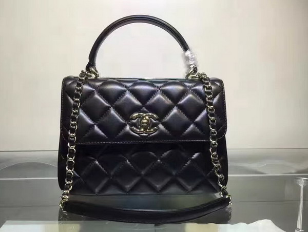 Chanel Flap Bag With Handle Lambskin Silver Metal Black for Sale