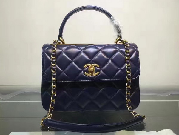 Chanel Flap Bag With Handle Navy Blue Lambskin Light Gold Hardware for Sale