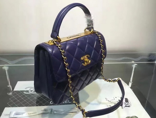 Chanel Flap Bag With Handle Navy Blue Lambskin Light Gold Hardware for Sale