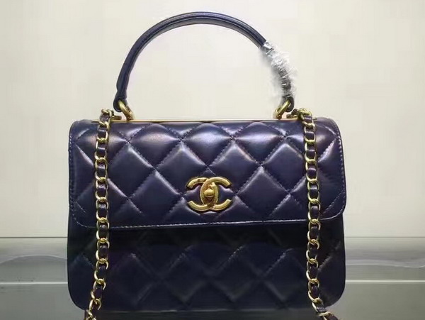 Chanel Flap Bag With Handle Navy Blue Lambskin Light Gold Hardware for Sale