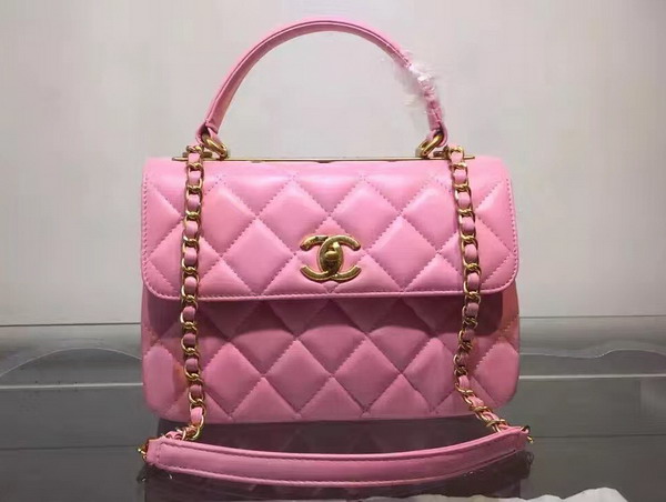 Chanel Flap Bag With Handle Pink Lambskin Light Gold Metal for Sale