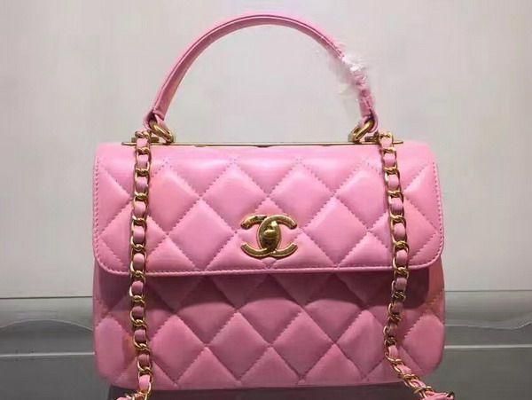 Chanel Flap Bag With Handle Pink Lambskin Light Gold Metal for Sale