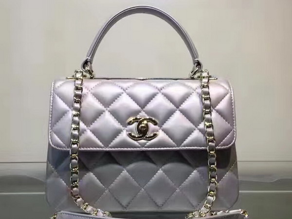 Chanel Flap Bag With Handle Silver Lambskin Light Gold Hardware for Sale