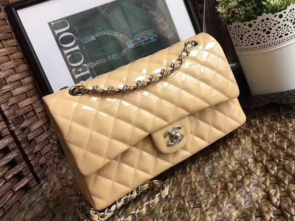 Chanel Flap Bag in Beige Patent Leather with Silver Hardware For Sale