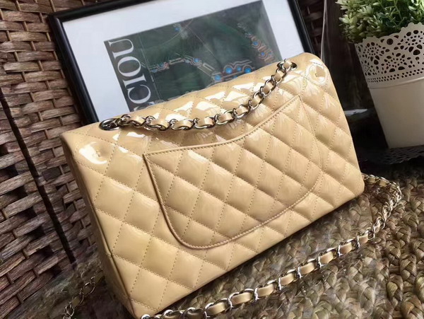 Chanel Flap Bag in Beige Patent Leather with Silver Hardware For Sale