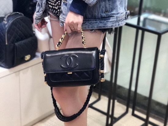 Chanel Flap Bag in Black Crumpled Calfskin Cotton and Gold Tone Metal AS0074