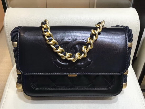 Chanel Flap Bag in Black Crumpled Calfskin Cotton and Gold Tone Metal AS0074