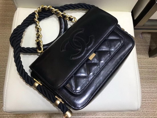 Chanel Flap Bag in Black Crumpled Calfskin Cotton and Gold Tone Metal AS0074