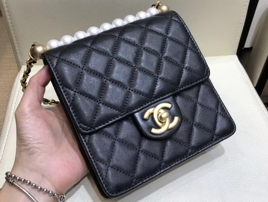 Chanel Flap Bag in Black Lambskin Imitaion Pearls and Gold Tone Metal AS0584