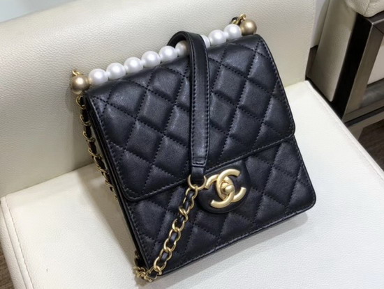 Chanel Flap Bag in Black Lambskin Imitaion Pearls and Gold Tone Metal AS0584