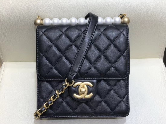 Chanel Flap Bag in Black Lambskin Imitaion Pearls and Gold Tone Metal AS0584