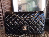 Chanel Flap Bag in Black Patent Leather with Gold Hardware For Sale