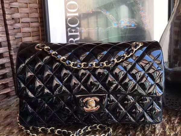 Chanel Flap Bag in Black Patent Leather with Gold Hardware For Sale