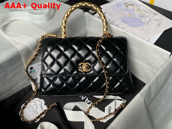 Chanel Flap Bag in Black Shiny Calfskin with Gold Metal Top Handle Replica