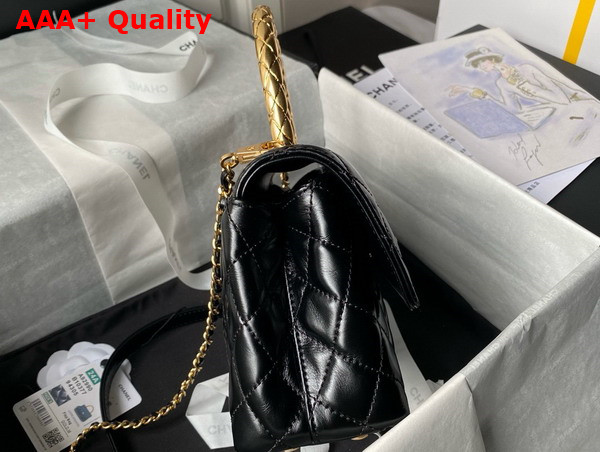 Chanel Flap Bag in Black Shiny Calfskin with Gold Metal Top Handle Replica