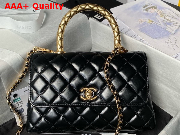 Chanel Flap Bag in Black Shiny Calfskin with Gold Metal Top Handle Replica