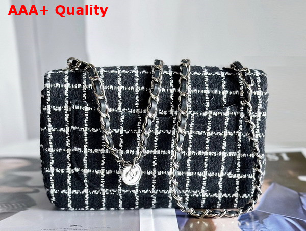 Chanel Flap Bag in Black and White Check Tweed with Two Camellias On The Front Replica