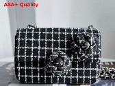 Chanel Flap Bag in Black and White Check Tweed with Two Camellias On The Front Replica