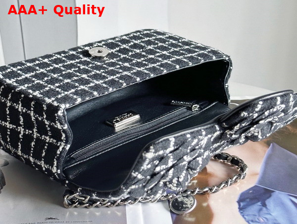 Chanel Flap Bag in Black and White Check Tweed with Two Camellias On The Front Replica