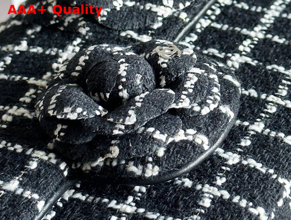 Chanel Flap Bag in Black and White Check Tweed with Two Camellias On The Front Replica