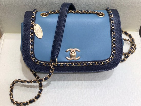 Chanel Flap Bag in Blue Lambskin and Dark Blue Grained Calfskin AS0371