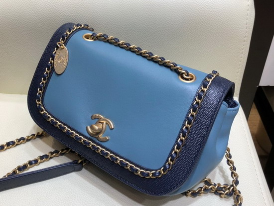 Chanel Flap Bag in Blue Lambskin and Dark Blue Grained Calfskin AS0371