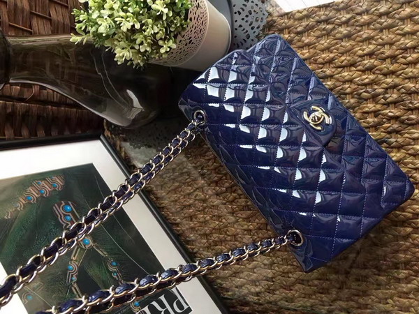 Chanel Flap Bag in Blue Patent Leather with Silver Hardware For Sale