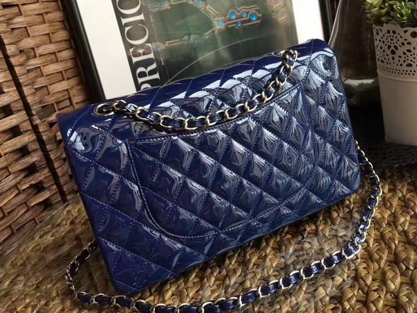 Chanel Flap Bag in Blue Patent Leather with Silver Hardware For Sale