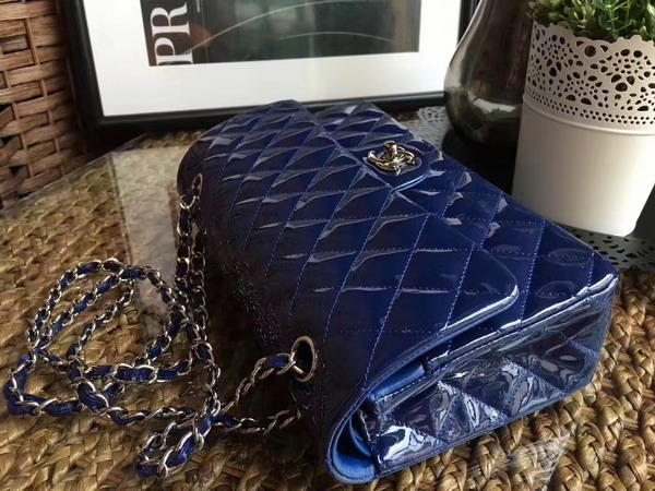 Chanel Flap Bag in Blue Patent Leather with Silver Hardware For Sale