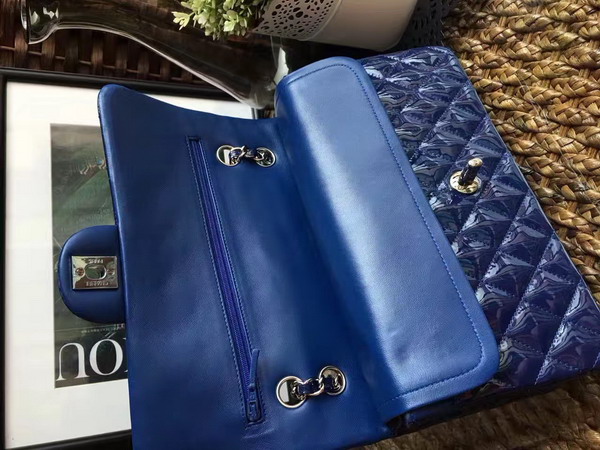 Chanel Flap Bag in Blue Patent Leather with Silver Hardware For Sale