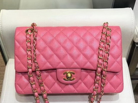 Chanel Flap Bag in Dark Pink Grained Calfskin with Gold Hardware