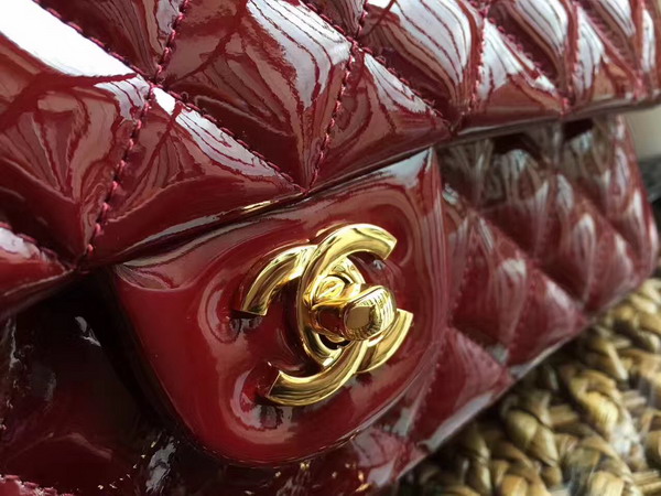 Chanel Flap Bag in Dark Red Patent Leather with Gold Hardware For Sale