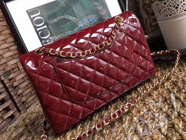 Chanel Flap Bag in Dark Red Patent Leather with Gold Hardware For Sale