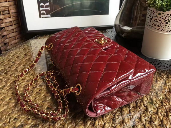 Chanel Flap Bag in Dark Red Patent Leather with Gold Hardware For Sale