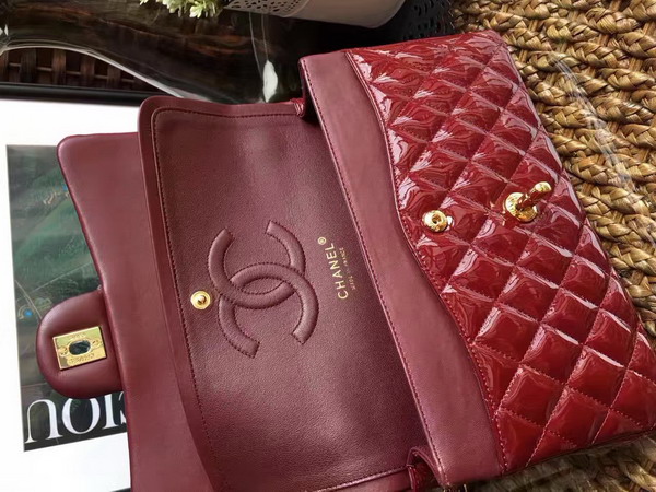 Chanel Flap Bag in Dark Red Patent Leather with Gold Hardware For Sale