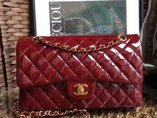 Chanel Flap Bag in Dark Red Patent Leather with Gold Hardware For Sale