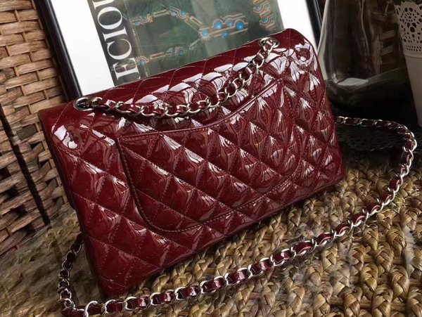 Chanel Flap Bag in Dark Red Patent Leather with Silver Hardware For Sale