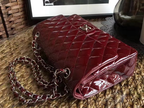 Chanel Flap Bag in Dark Red Patent Leather with Silver Hardware For Sale