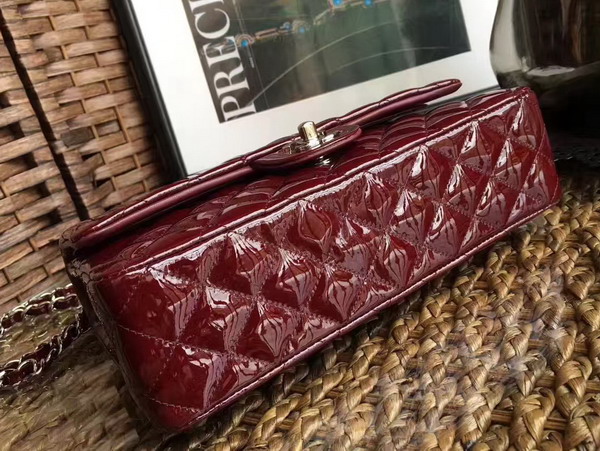 Chanel Flap Bag in Dark Red Patent Leather with Silver Hardware For Sale