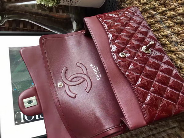 Chanel Flap Bag in Dark Red Patent Leather with Silver Hardware For Sale