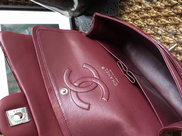 Chanel Flap Bag in Dark Red Patent Leather with Silver Hardware For Sale