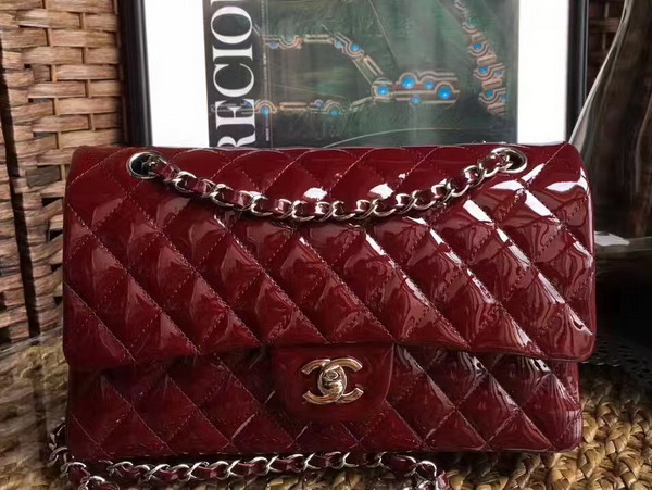 Chanel Flap Bag in Dark Red Patent Leather with Silver Hardware For Sale