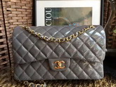 Chanel Flap Bag in Grey Patent Leather with Gold Hardware For Sale