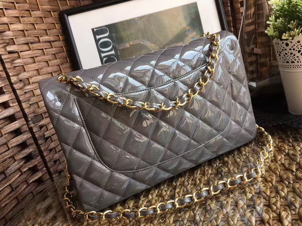 Chanel Flap Bag in Grey Patent Leather with Gold Hardware For Sale