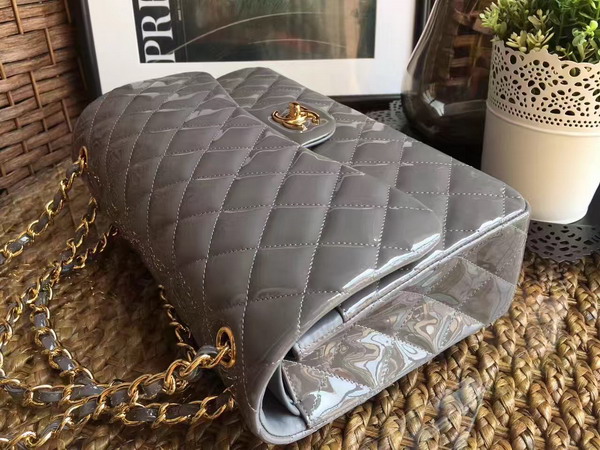 Chanel Flap Bag in Grey Patent Leather with Gold Hardware For Sale