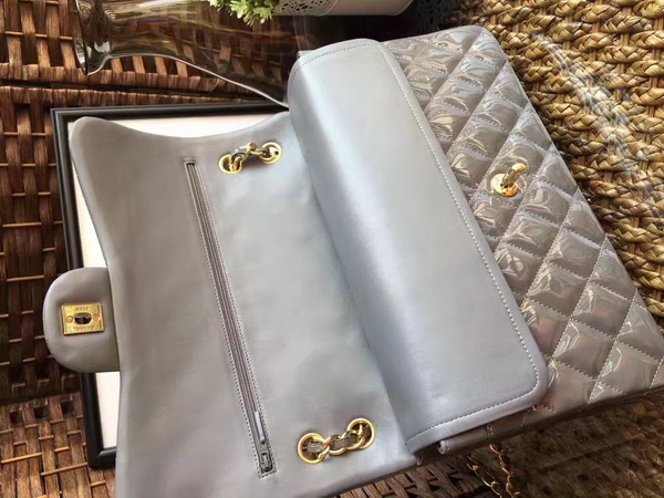 Chanel Flap Bag in Grey Patent Leather with Gold Hardware For Sale