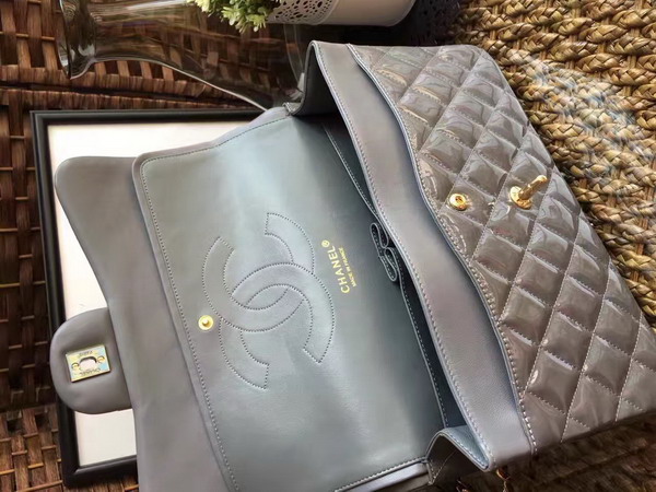 Chanel Flap Bag in Grey Patent Leather with Gold Hardware For Sale