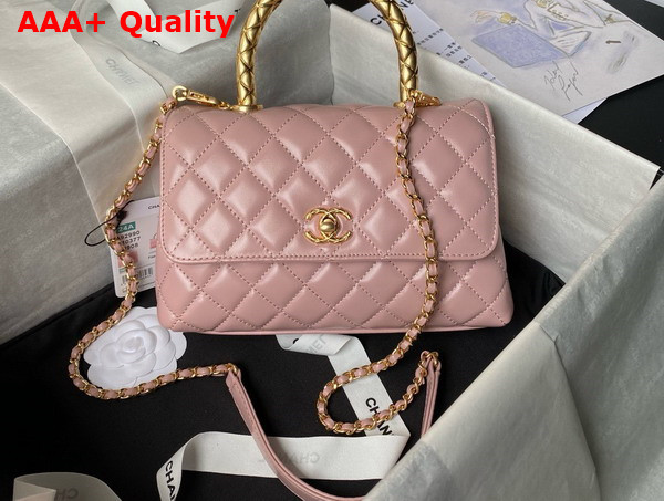 Chanel Flap Bag in Pink Shiny Calfskin with Gold Metal Top Handle Replica