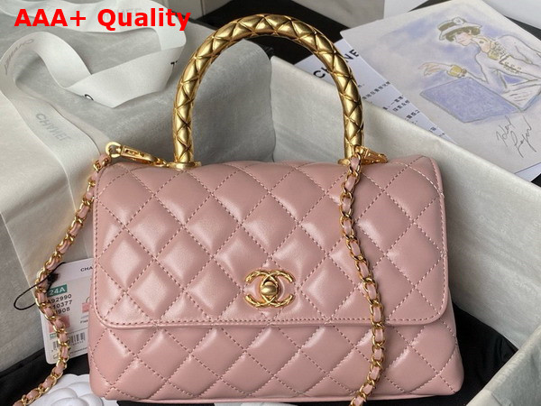 Chanel Flap Bag in Pink Shiny Calfskin with Gold Metal Top Handle Replica